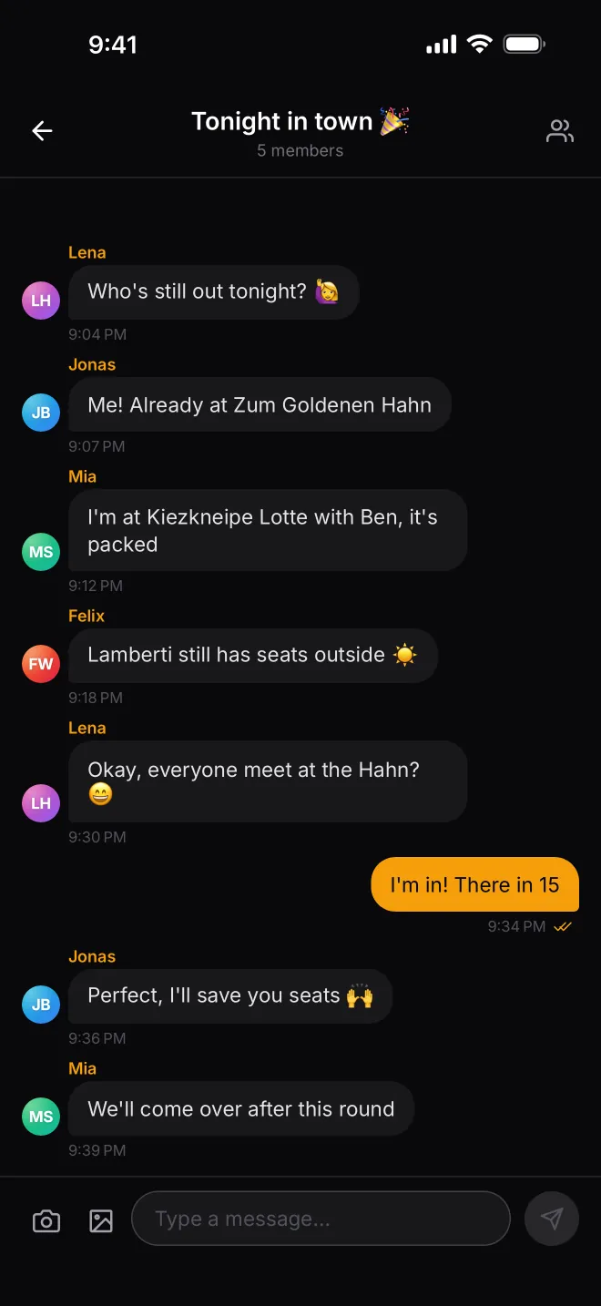 Group chat where friends coordinate where to meet tonight