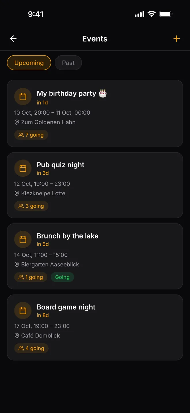 Events list with upcoming plans like a birthday party and a pub quiz night