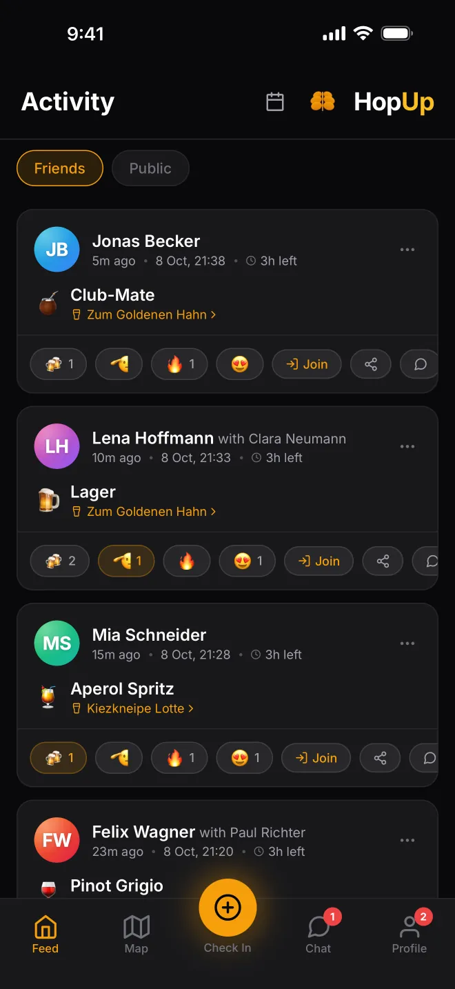 Activity feed listing friends' check-ins with drinks, venues, reactions and a Join button