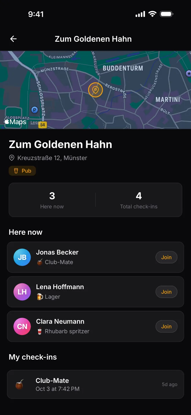 Venue page showing which friends are here now, each with a Join button